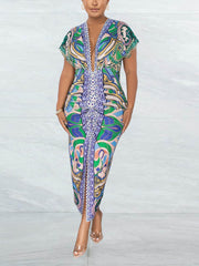 Vestido de vacaciones con abertura y frunces estampados