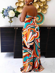 Print Split Joint Strapless Straight Jumpsuits