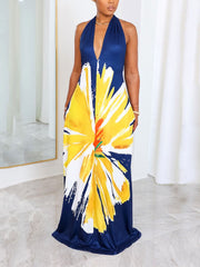 Vestido largo con cuello halter y estampado floral