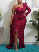 Pailletten Ein-Schulter Schlitz Rüschen Ballkleider