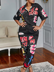 Letter Printed Turndown Collar Jumpsuit