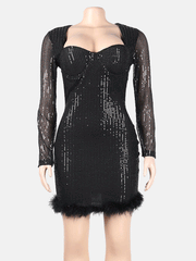 Minivestido de patchwork con plumas y lentejuelas