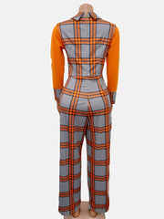 Turndown Collar Plaid Jumpsuit