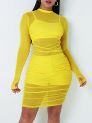 Set aus Midikleid mit Rüschen aus Netzstoff, Trägertop und Shorts