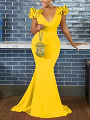 Vestido largo formal con mangas con volantes