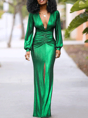 Vestido largo con abertura y mangas tipo farol