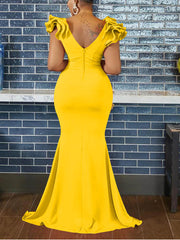 Vestido largo formal con mangas con volantes