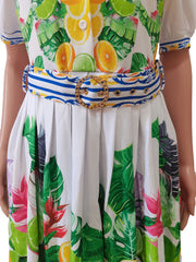 V-Neck Printed Pleated Dress