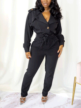 Lace Up Solid Turndown Collar Jumpsuit