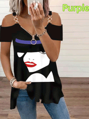 Off Shoulder Zip V Neck Top