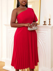 Vestido plisado con un hombro al descubierto y mangas abullonadas