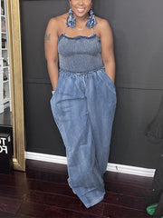 Mono de pierna ancha sin mangas con cuello halter