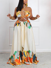 Vestido largo con escote halter y estampado