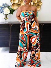 Print Split Joint Strapless Straight Jumpsuits