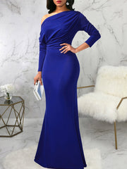 One Shoulder Long Sleeve Ruched Maxi Dress