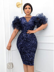 Elegante vestido de fiesta con escote en V y mangas abullonadas y lentejuelas