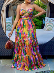 Print Hollowed Out Spaghetti Strap Dresses