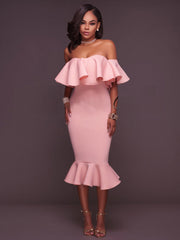 Off Shoulder Ruffle Bodycon Midi Dress