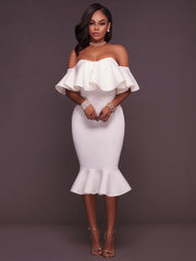 Off Shoulder Ruffle Bodycon Midi Dress