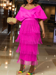 Schulterfreies Patchworkkleid mit Quasten