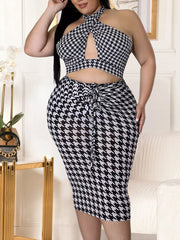 Vestido halter sin espalda con diseño de pata de gallo