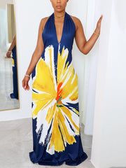 Vestido largo con cuello halter y estampado floral