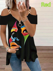 Off Shoulder Zip V Neck Top