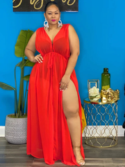 Ärmelloses Maxikleid mit Schlitz und V-Ausschnitt