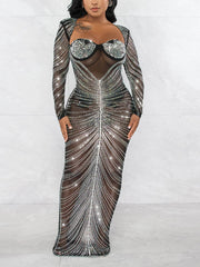Mesh Sheer Rhinestones Long Sleeves Dress