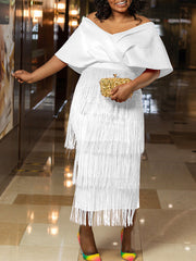 Schulterfreies Patchworkkleid mit Quasten