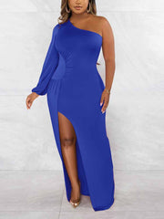 One Shoulder Ruched Spilt Maxi Dress