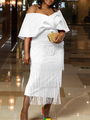 Schulterfreies Patchworkkleid mit Quasten