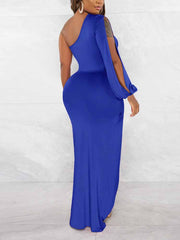 One Shoulder Ruched Spilt Maxi Dress