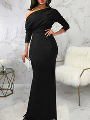 One Shoulder Long Sleeve Ruched Maxi Dress