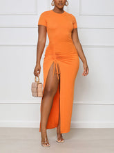 Solid Color Drawstring Side Split Dress