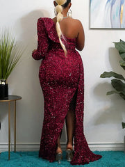 Pailletten Ein-Schulter Schlitz Rüschen Ballkleider