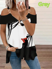 Off Shoulder Zip V Neck Top