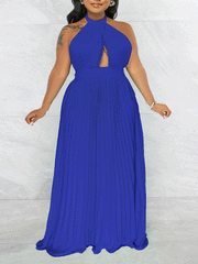 Vestido largo de gasa sin mangas con cuello halter