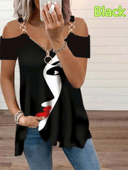 Off Shoulder Zip V Neck Top