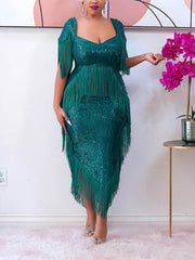 Paillettenkleid mit Fransenbesatz, asymmetrischem Saum