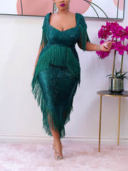 Paillettenkleid mit Fransenbesatz, asymmetrischem Saum