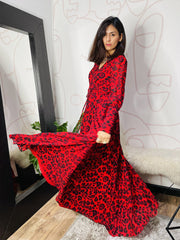 Leopard Print Slit V Neck Long Sleeve Dress