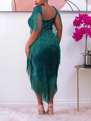 Paillettenkleid mit Fransenbesatz, asymmetrischem Saum