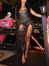 One Sleeve Rhinestone Slit Mesh Dress