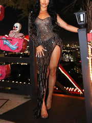 One Sleeve Rhinestone Slit Mesh Dress