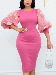 Vestido midi de oficina con mangas de farol de malla