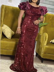 Pailletten-Patchwork-Fischschwanzkleid aus Leder