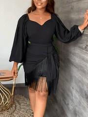 Midikleid mit Laternenärmeln und Quasten