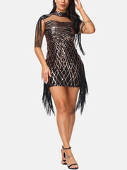 Pailletten Quasten Mesh Patchwork Kleid