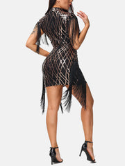 Pailletten Quasten Mesh Patchwork Kleid